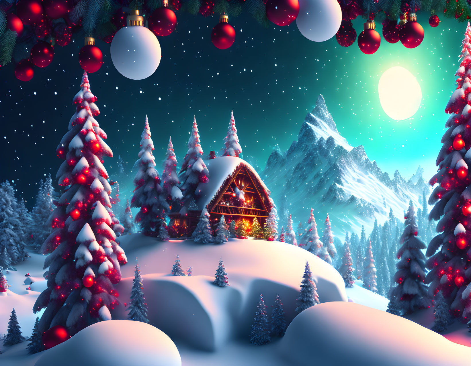 Snowy Christmas Scene: Decorated Trees, Cozy Cabin, Ornaments, Mountains, Starry