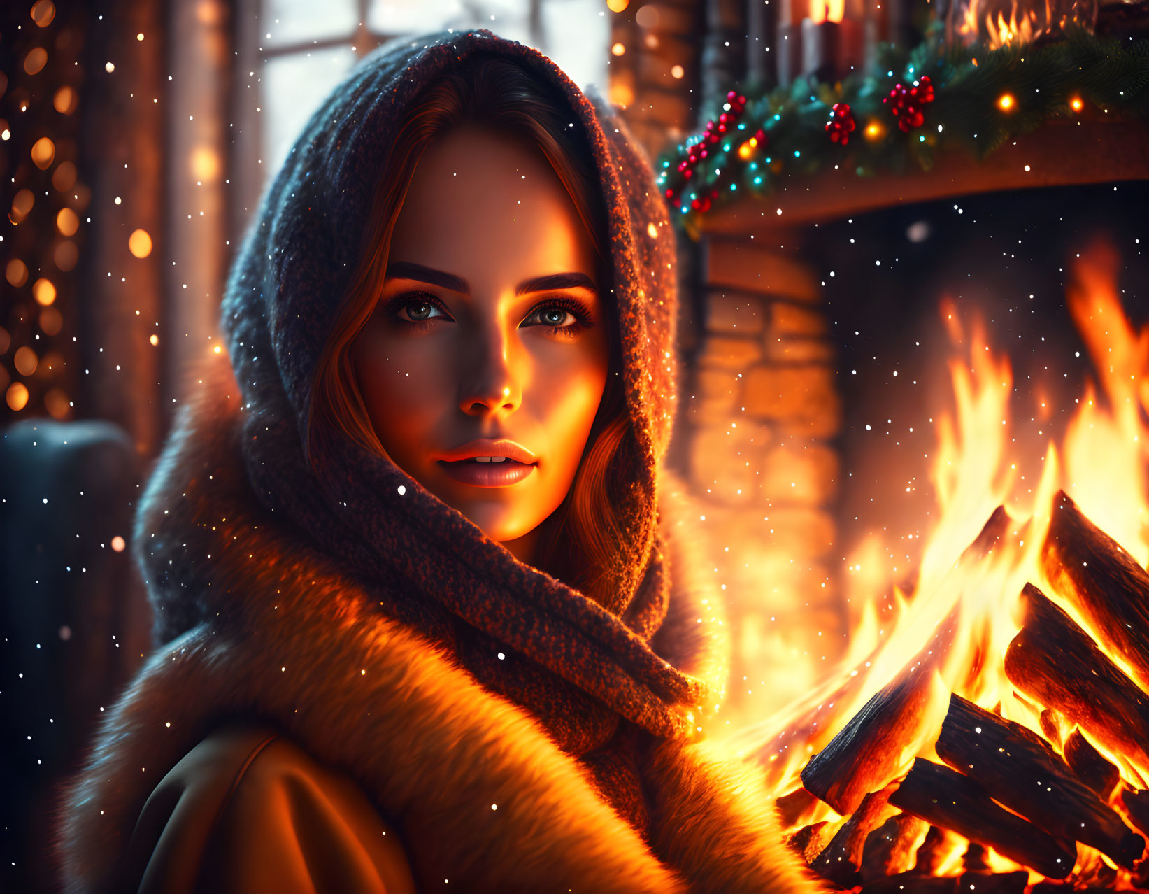 Woman in warm scarf by fireplace with flickering flames in cozy setting.