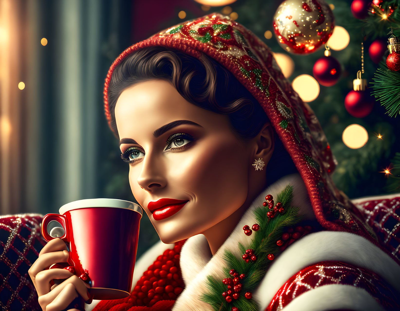 Woman in festive attire with red cup and Christmas decorations.