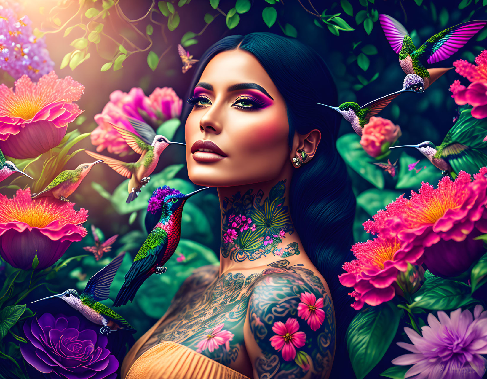 Woman with vibrant makeup, floral tattoos, hummingbirds, and lush flowers in colorful, mystical scene