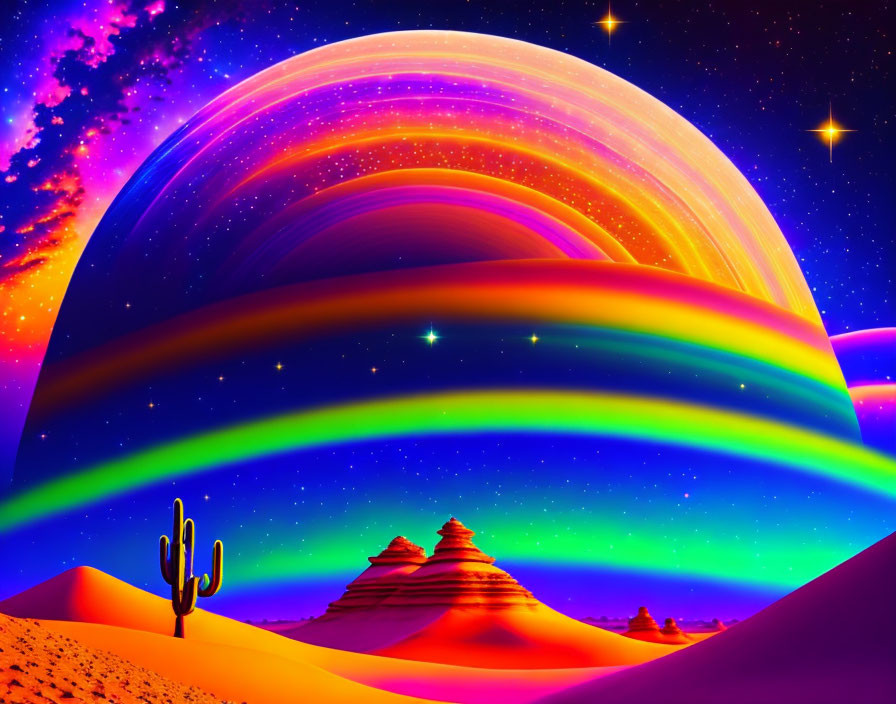 Colorful surreal desert landscape with swirling skies, cactus, starlit dunes, and rock formations