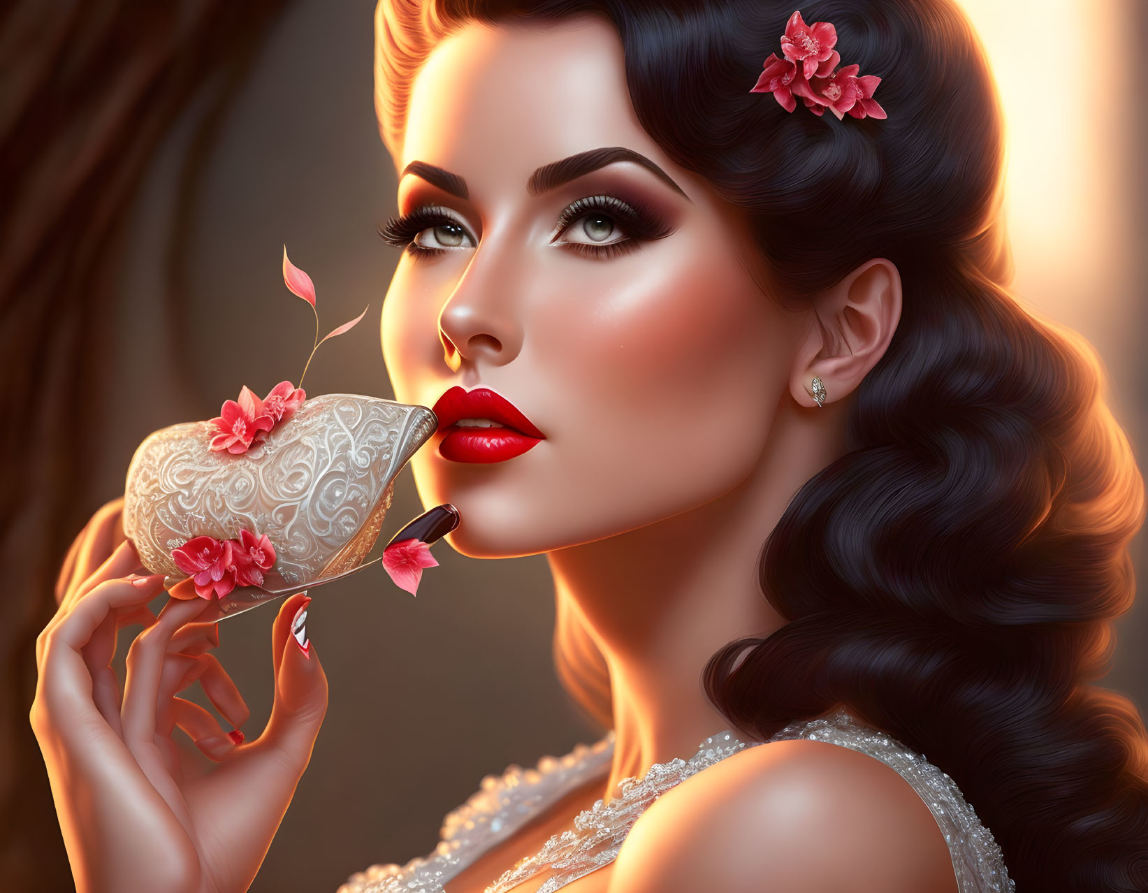 Digital artwork: Woman with stylized makeup and floral mask, red lipstick.