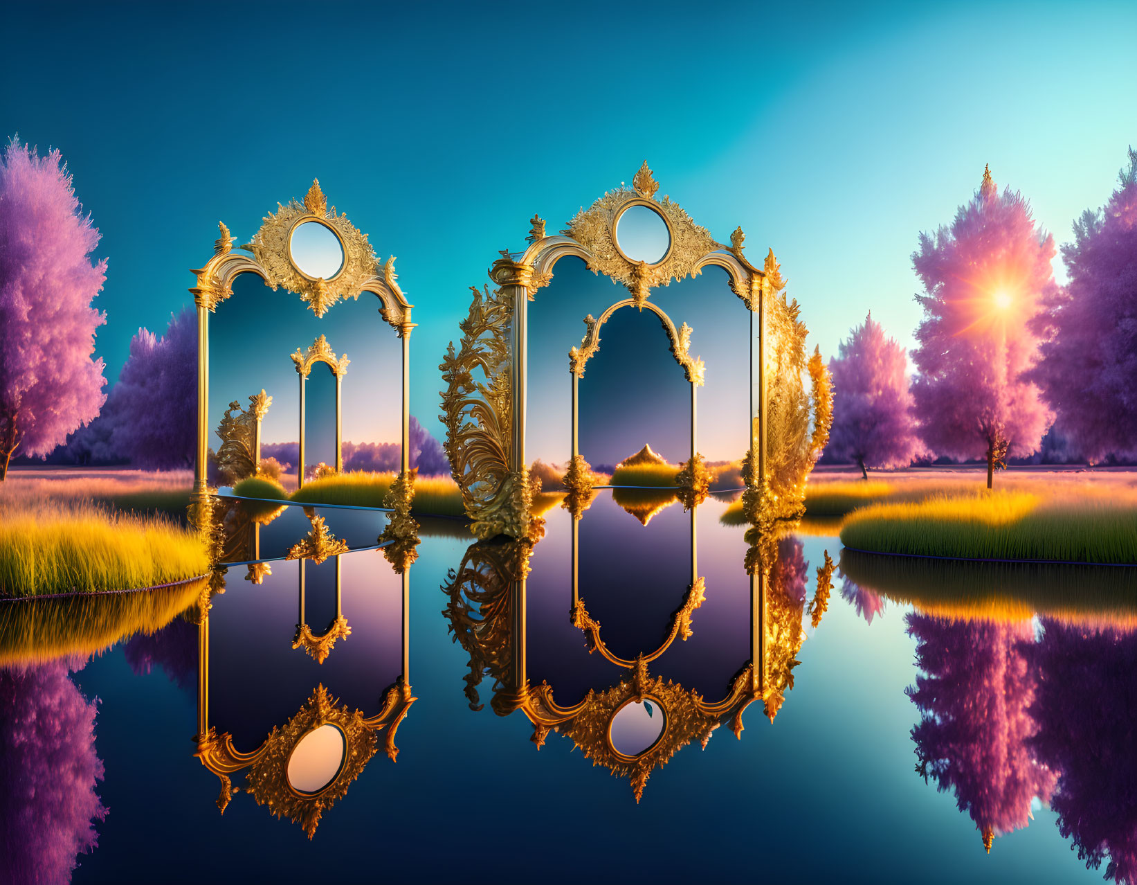 Ornate golden mirrors reflecting purple trees and blue skies at sunset