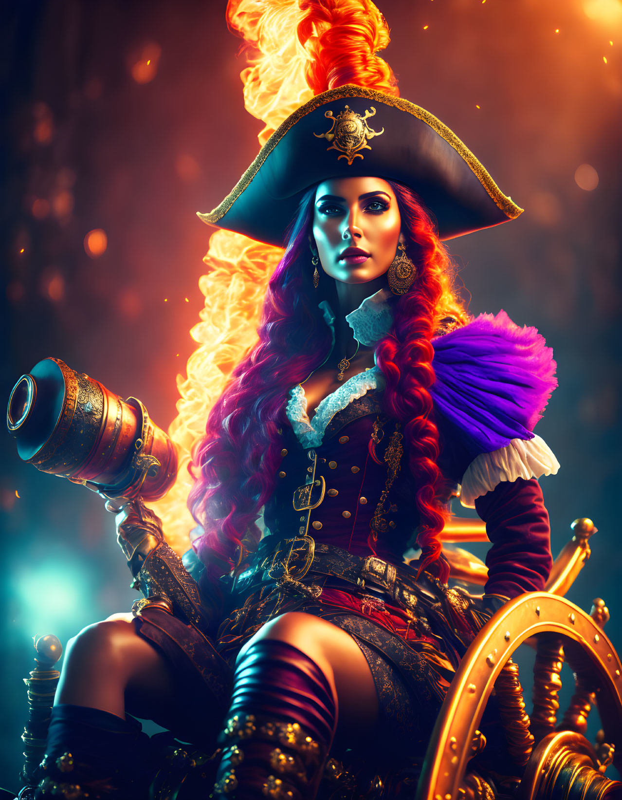 Woman in flamboyant pirate captain costume with tricorne hat, telescope, and wheel against fiery