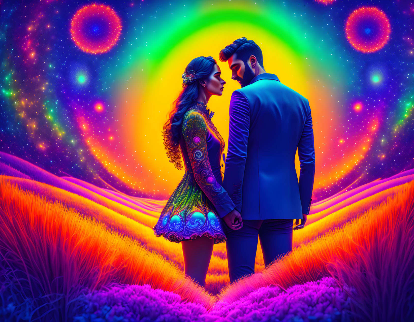 Couple in vibrant psychedelic field with colorful sky