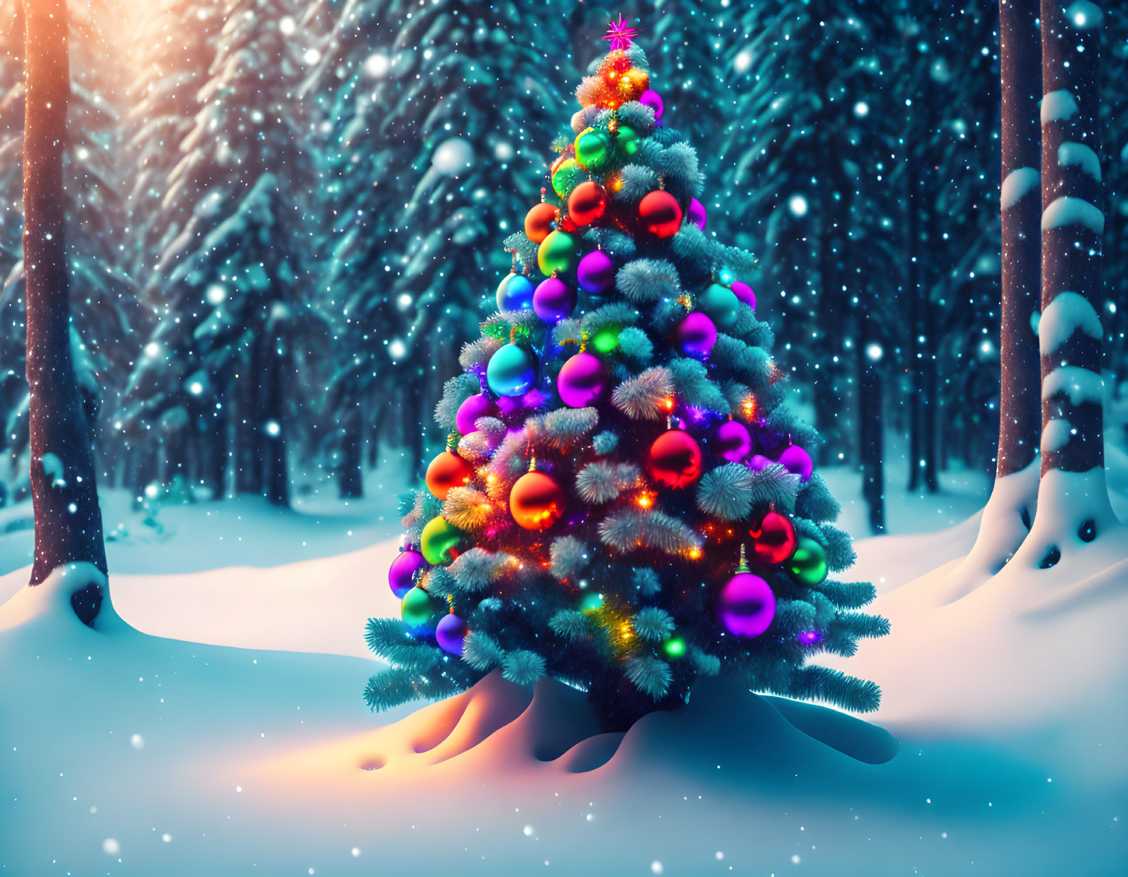 Colorful Ornaments on Snowy Christmas Tree in Forest