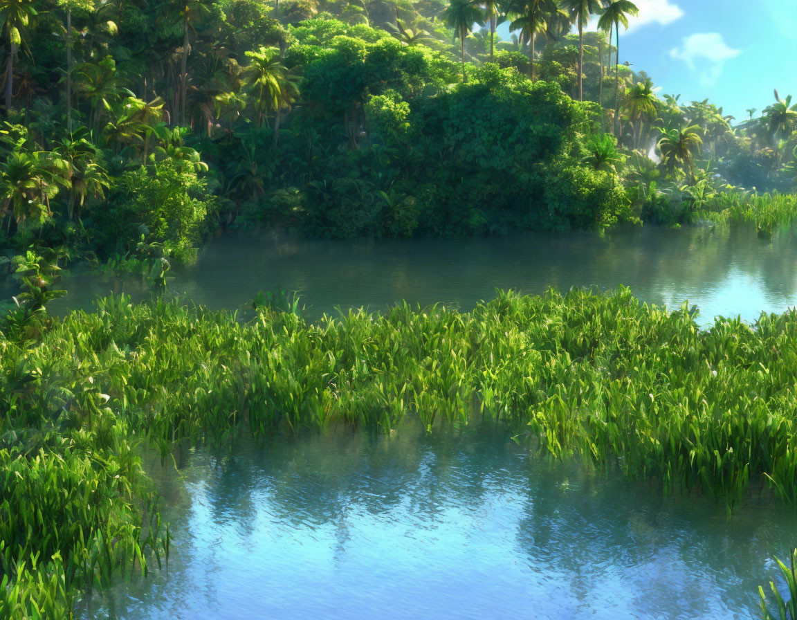 Serene Tropical River with Lush Greenery and Palm Trees