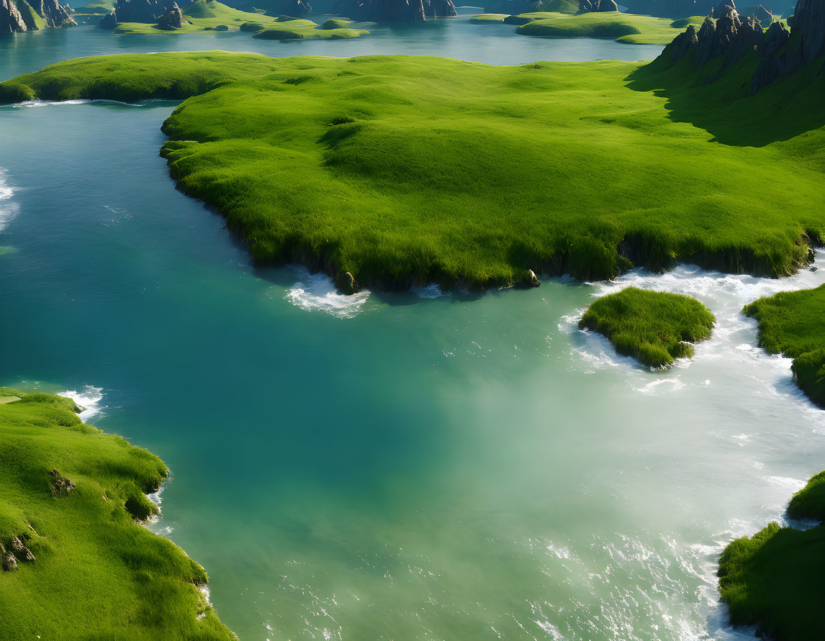 Green Cliffs and Turquoise River with Grass Patches under Soft Light