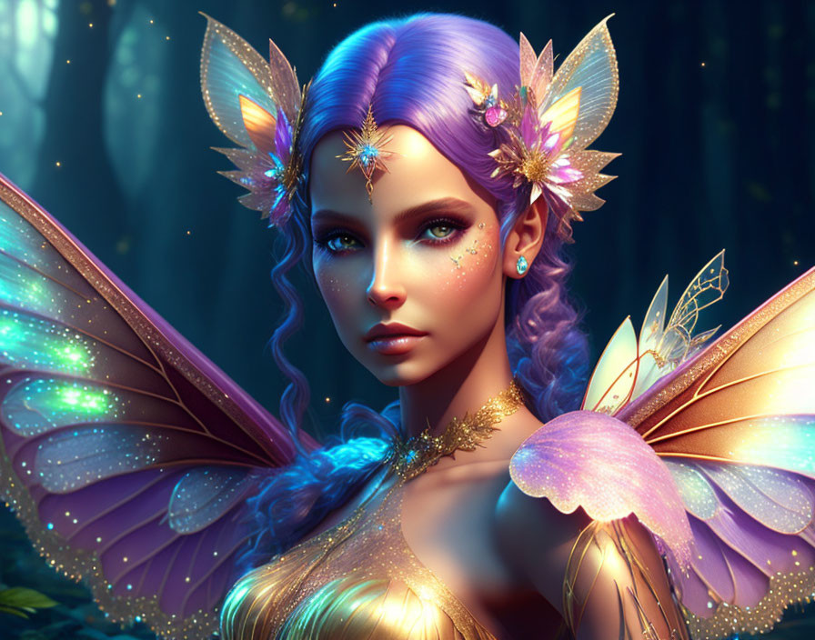 Fantasy fairy digital artwork with iridescent wings and purple hair