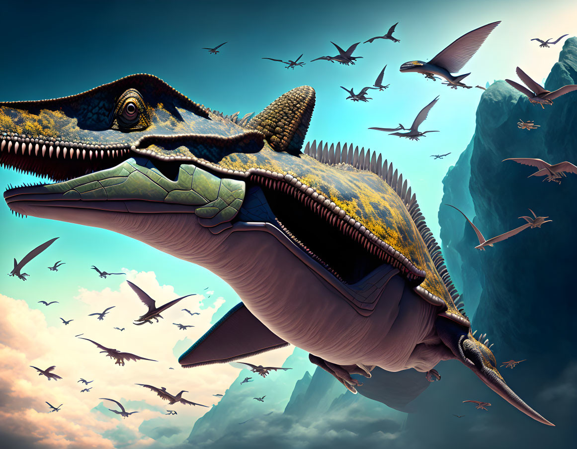 Large pterosaur flying with flock in dramatic sky.