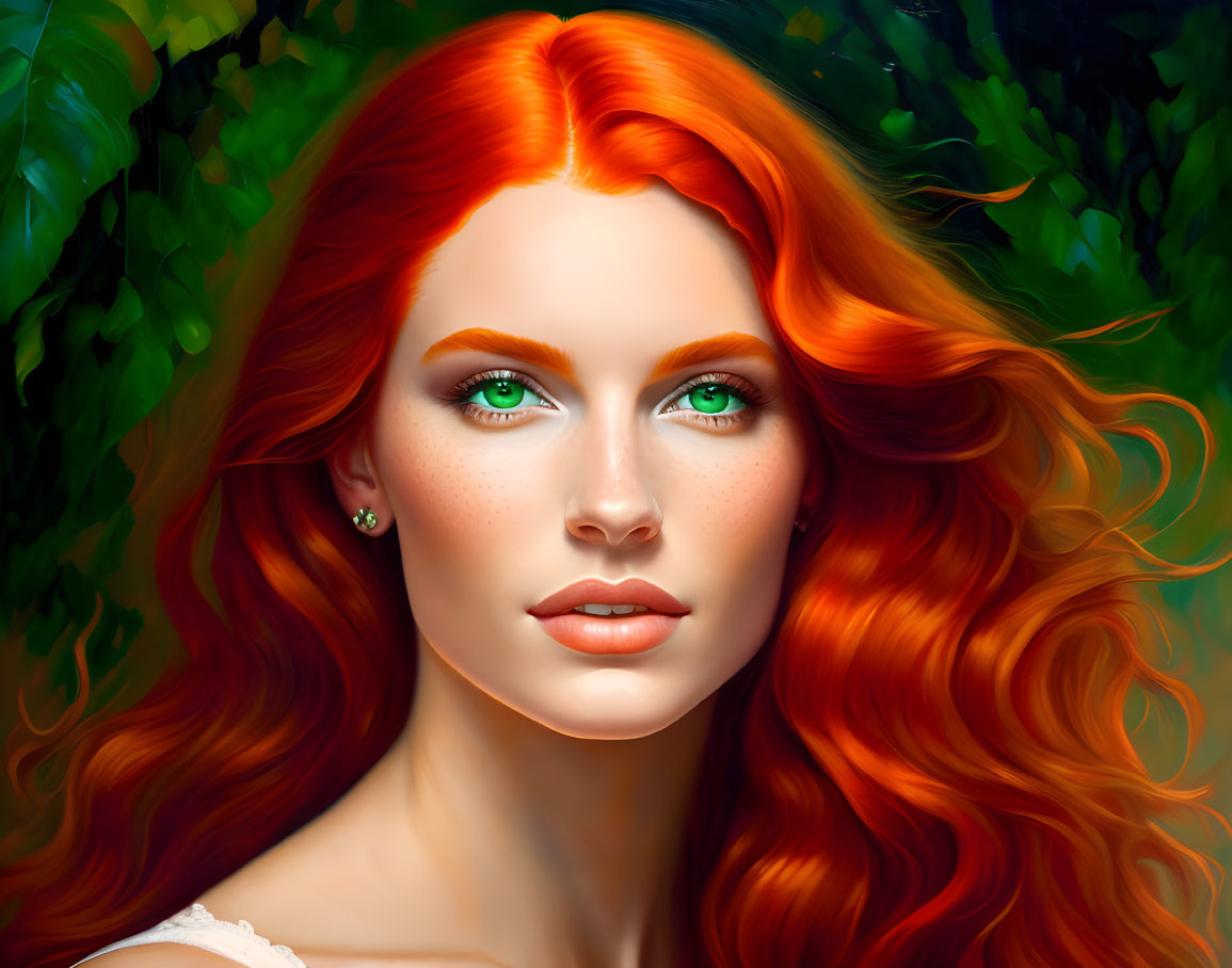 Vibrant red hair woman portrait against green foliage background