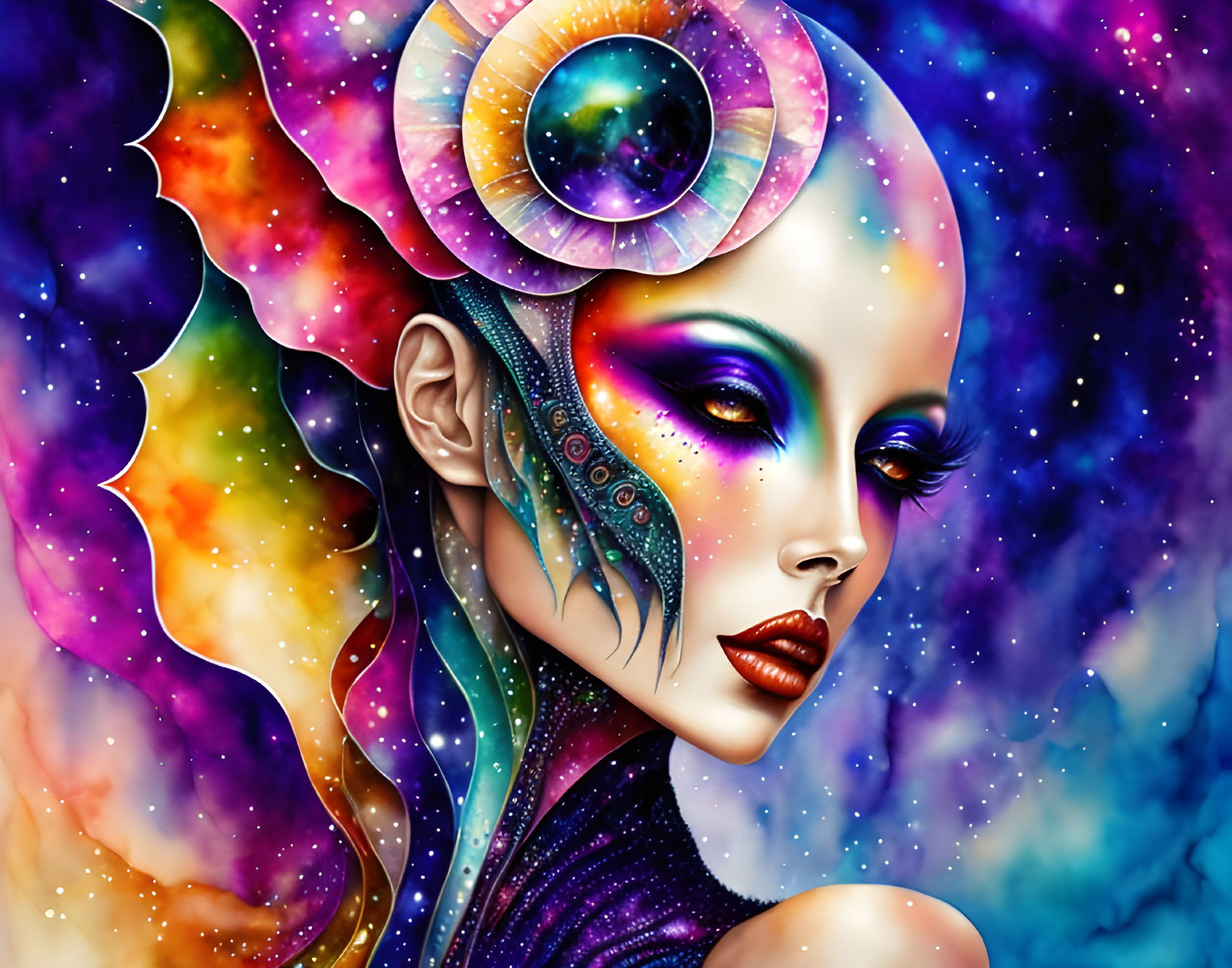 Colorful cosmic-themed digital art of female figure with surreal elements