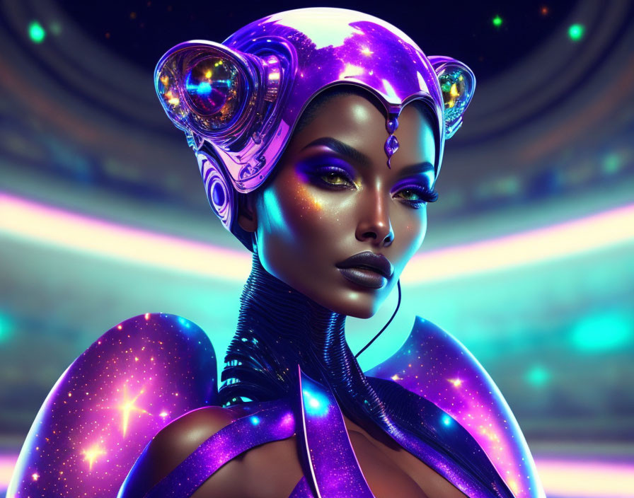 Futuristic digital artwork of woman with glowing purple skin and cosmic attire