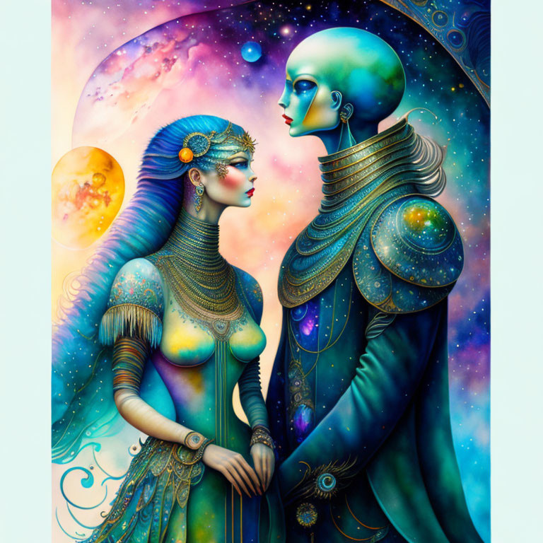 Stylized humanoid figures with celestial backgrounds in cosmic fantasy theme