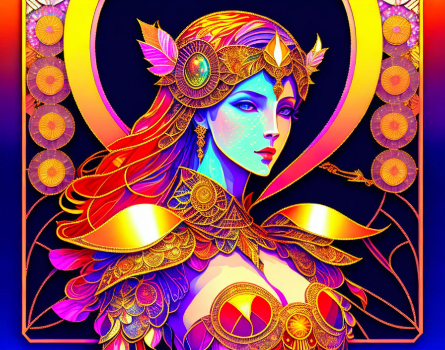 Vibrant illustration of woman in golden armor on blue and purple backdrop