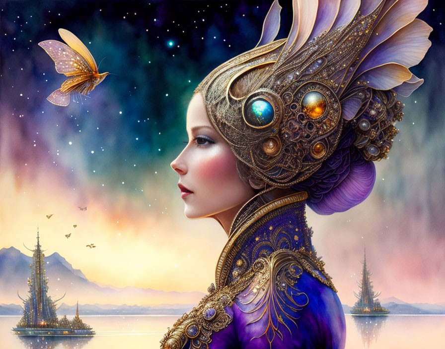 Elaborate headdress woman portrait with butterfly and starry sky