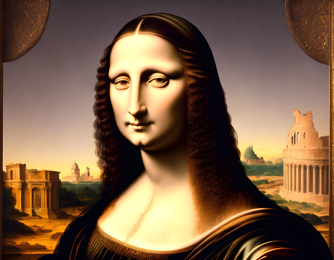 Digital artwork: Mona Lisa with masculine twist in Roman architecture