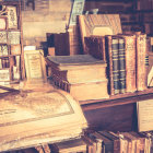 Young woman reading book in cozy library with towering shelves