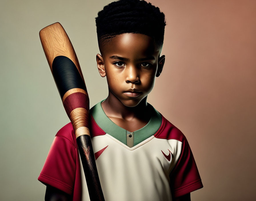 Young boy with baseball bat in serious expression against moody background