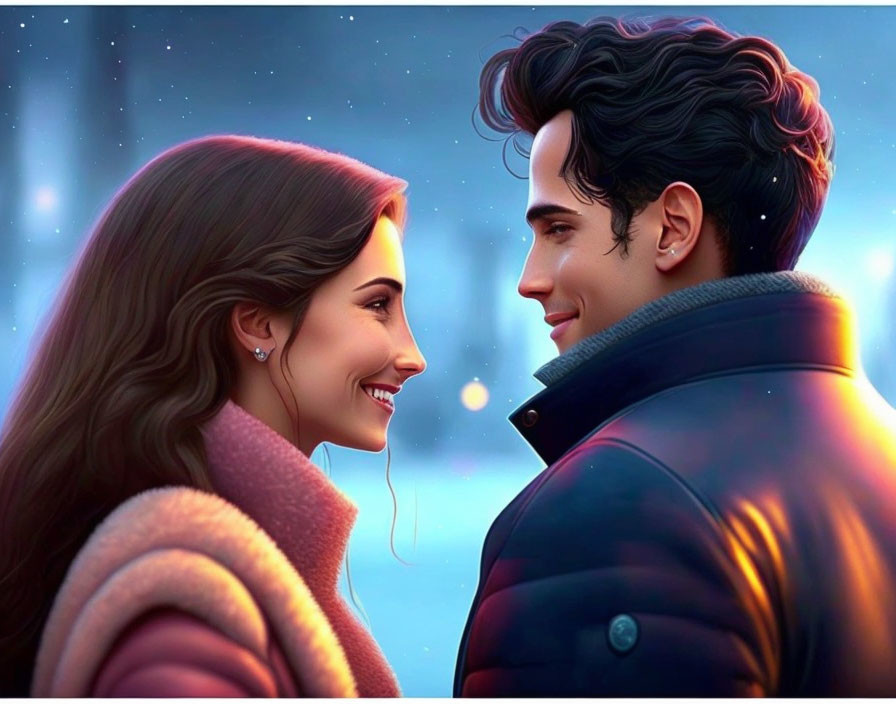 Smiling couple in profile view against snowy twilight backdrop