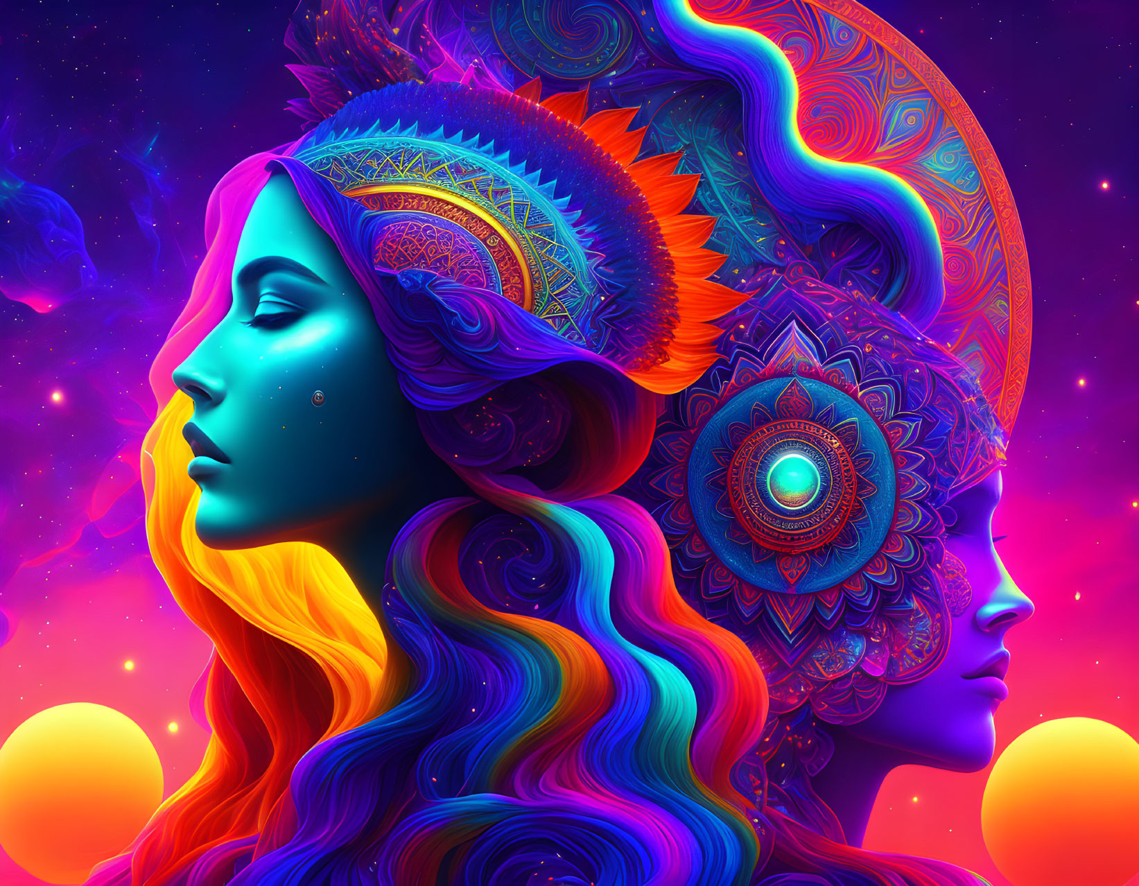 Colorful digital artwork featuring two women in profile with intricate headdresses against a cosmic backdrop of stars and