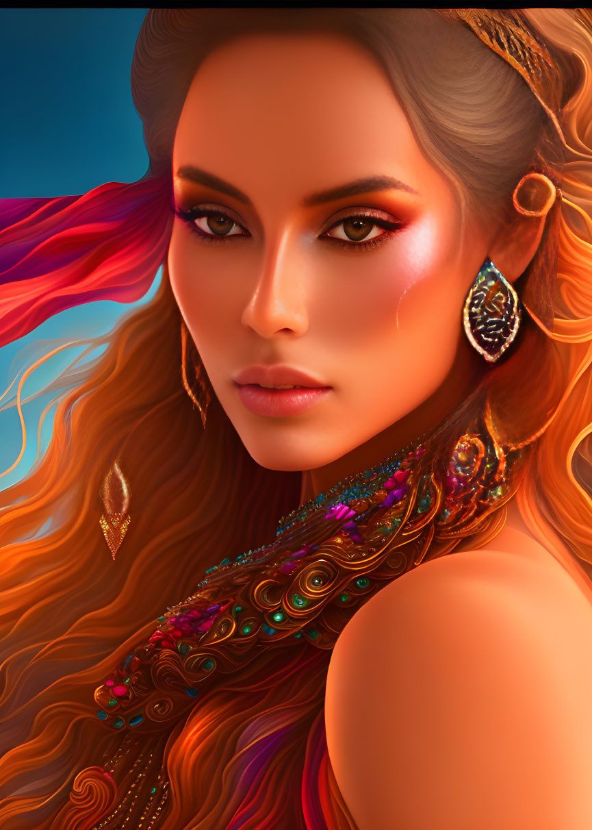 Vibrant digital art portrait of a woman with flowing hair and colorful patterns