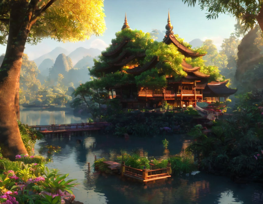 Traditional East Asian pagoda by calm lake at sunrise or sunset