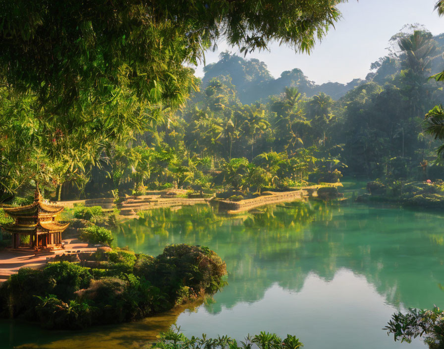 Tranquil Lake Scene with Pagodas and Greenery