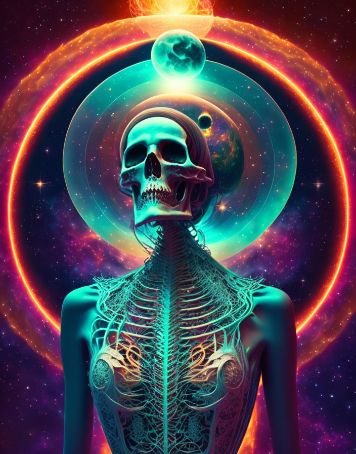 Colorful digital artwork: skeletal figure in cosmic setting with glowing rings and celestial bodies.