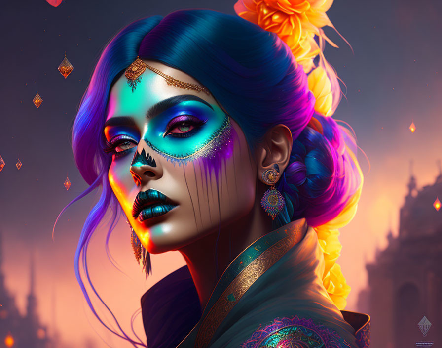 Digital portrait of a woman with blue skin, vibrant hair, ornate makeup, and traditional jewelry on