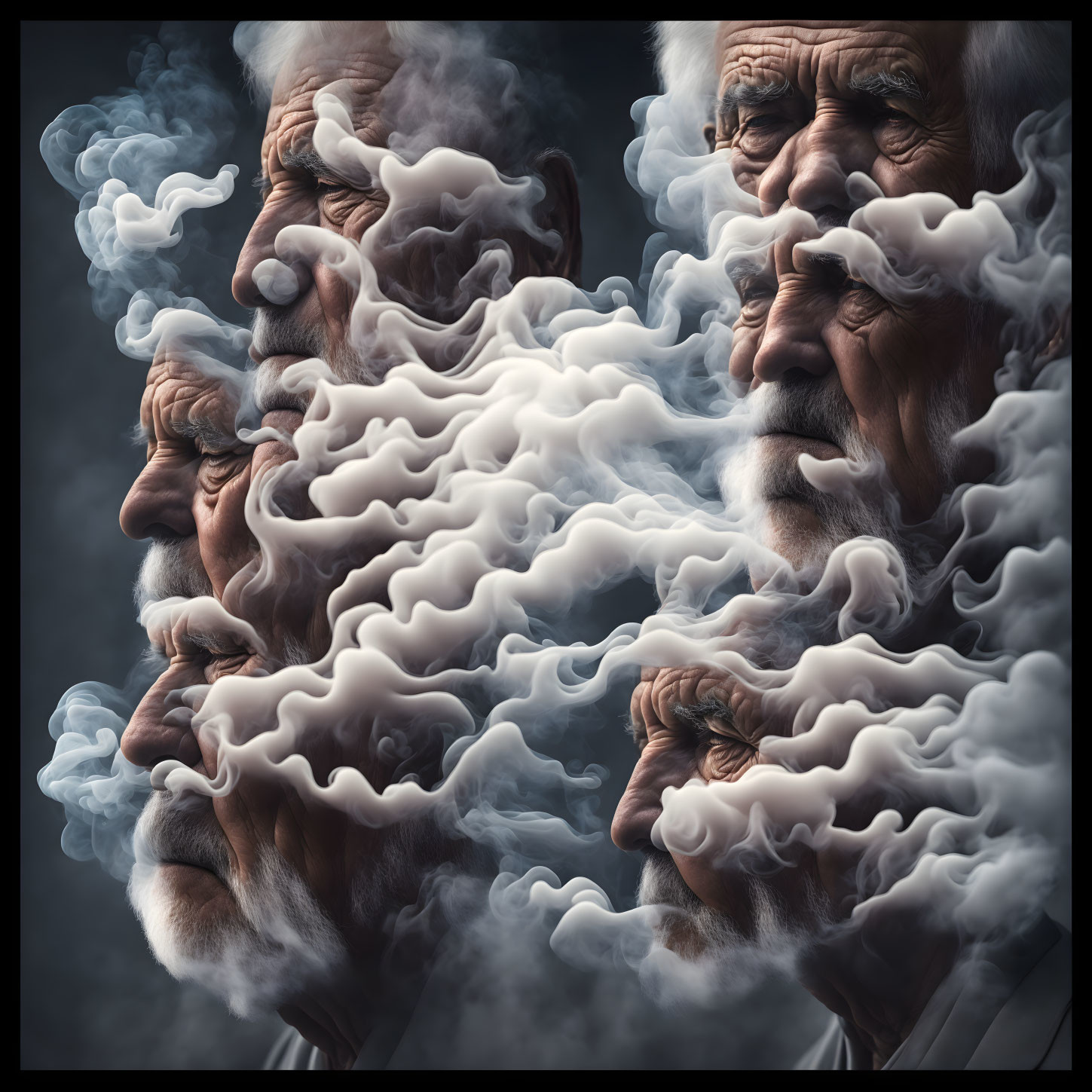 Digital artwork featuring overlaid images of elderly man's face with swirling smoke patterns.