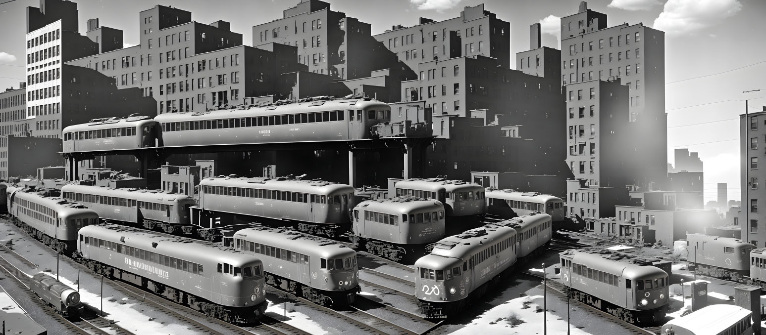 Monochrome train yard with multiple cars against city backdrop.