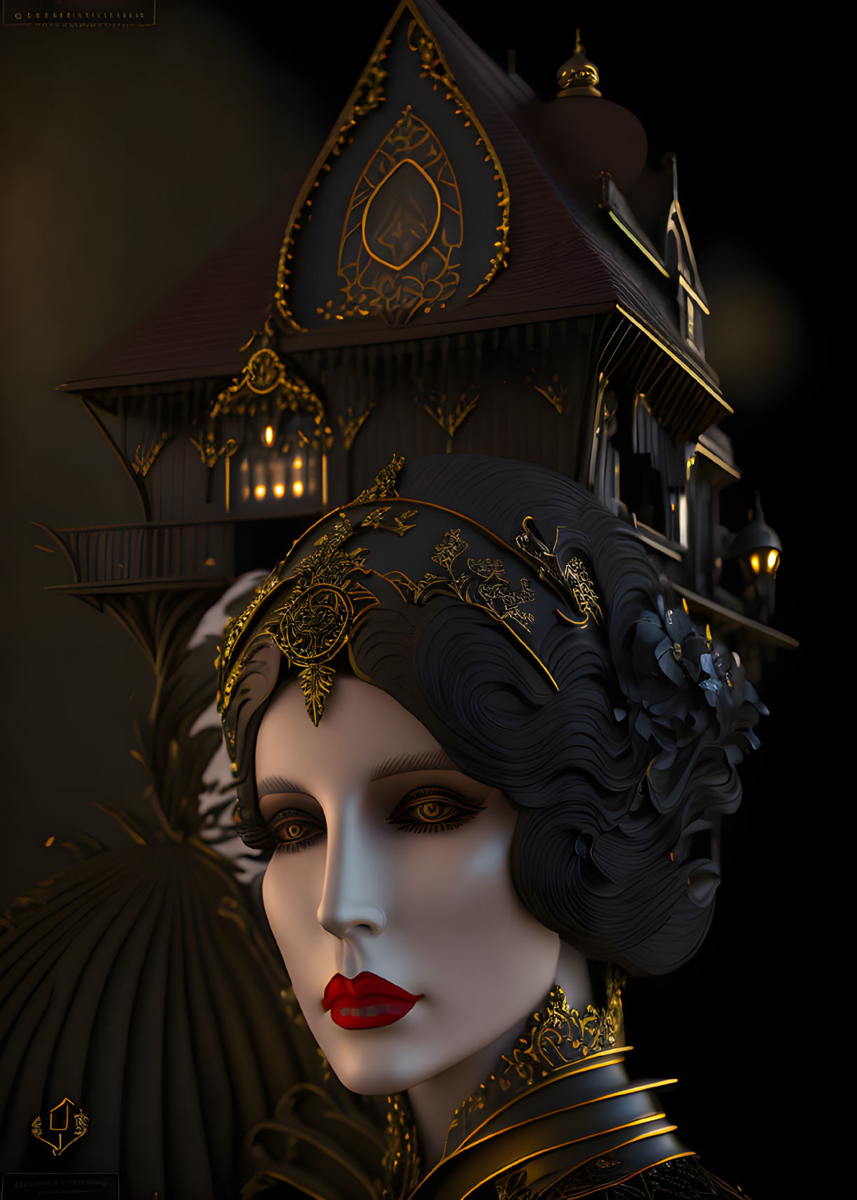 Illustrated portrait of woman with gold head jewelry, dark hair, striking makeup, in front of go