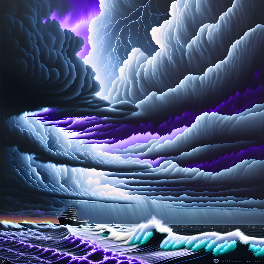 Stormy Sea Scene: Ship in Intense Waves under Purple Lightning