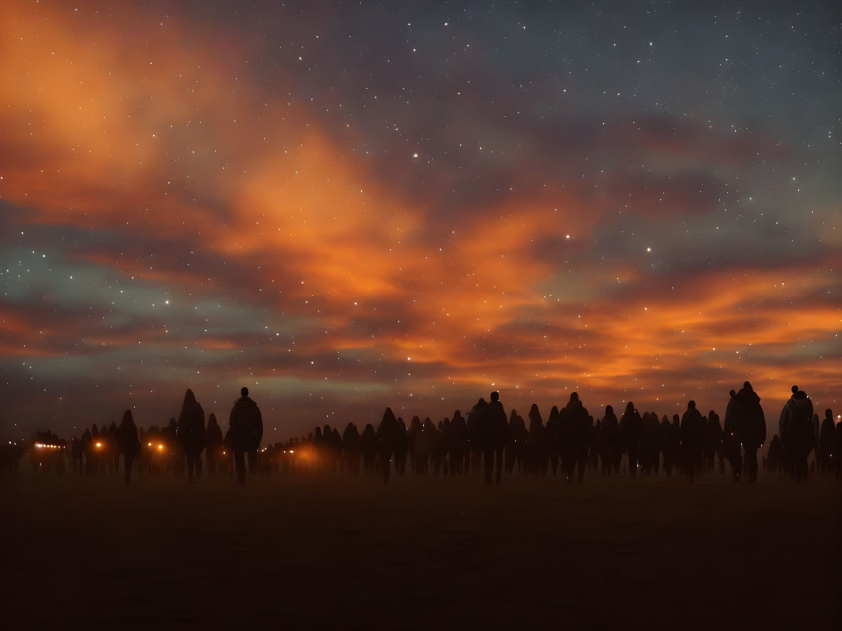 Silhouetted group under vibrant orange twilight sky