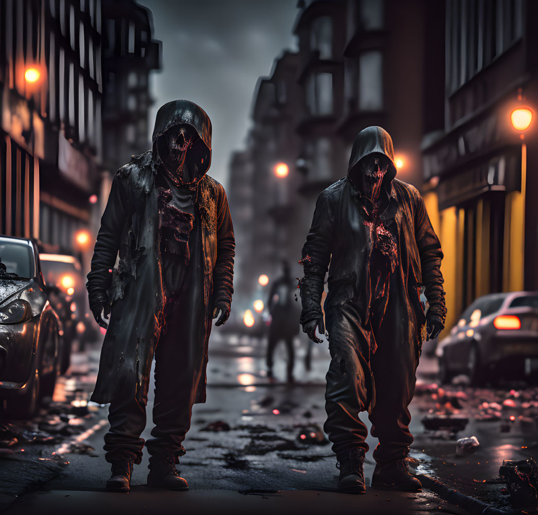 Dystopian cityscape with two figures in hazmat suits