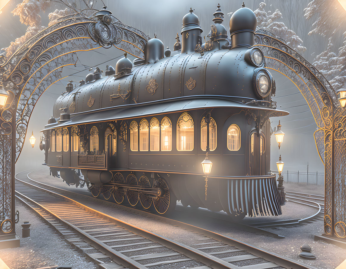 Vintage train at foggy station with wrought-iron arches and lanterns