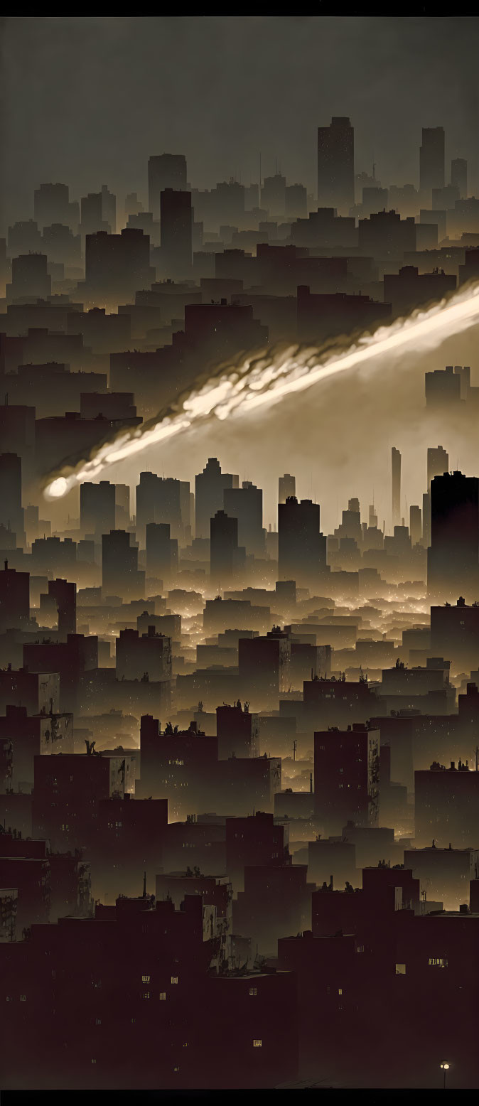 Monochromatic cityscape with smoky ambiance and light rays