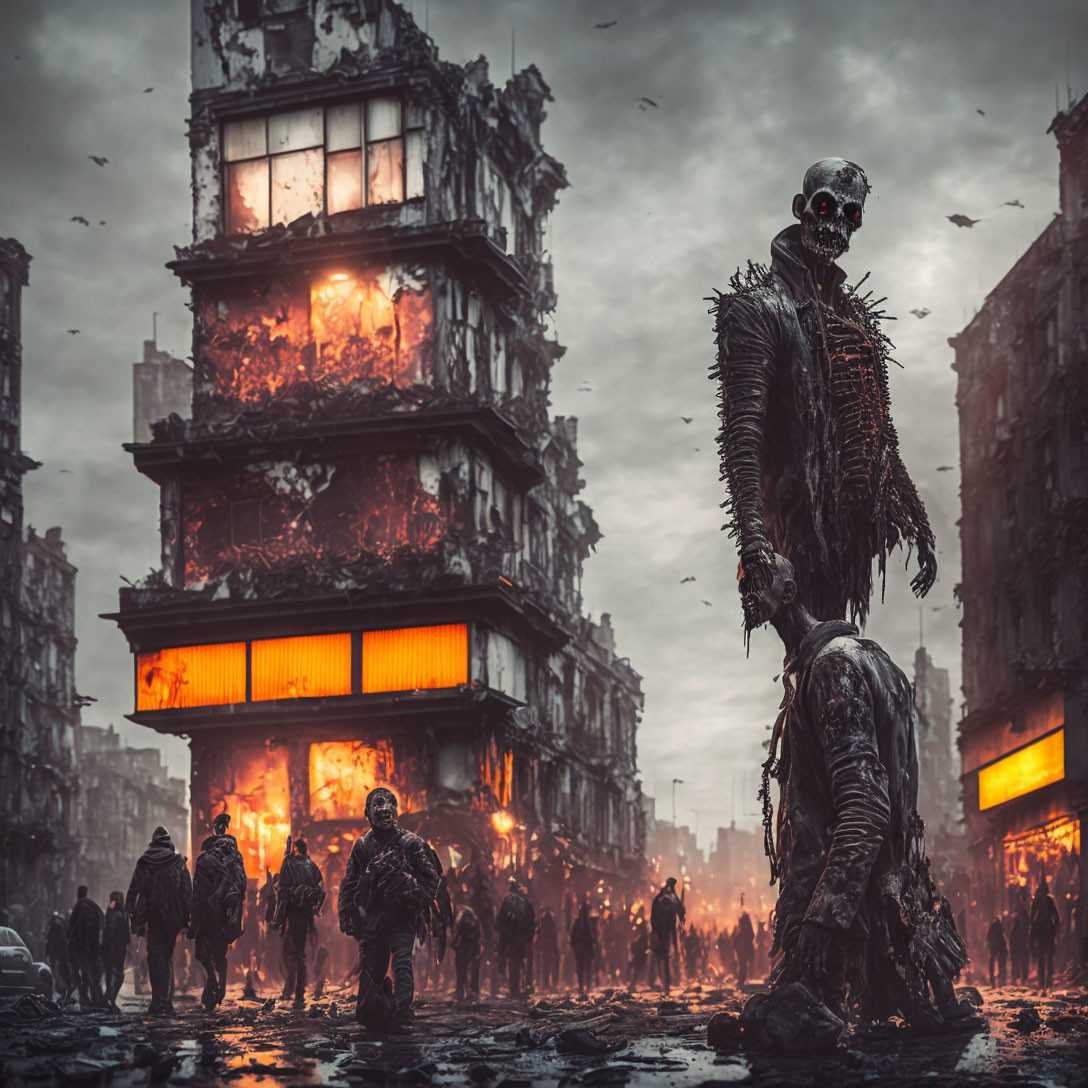 Giant zombie overlooks dystopian city with survivors and fire-gutted buildings