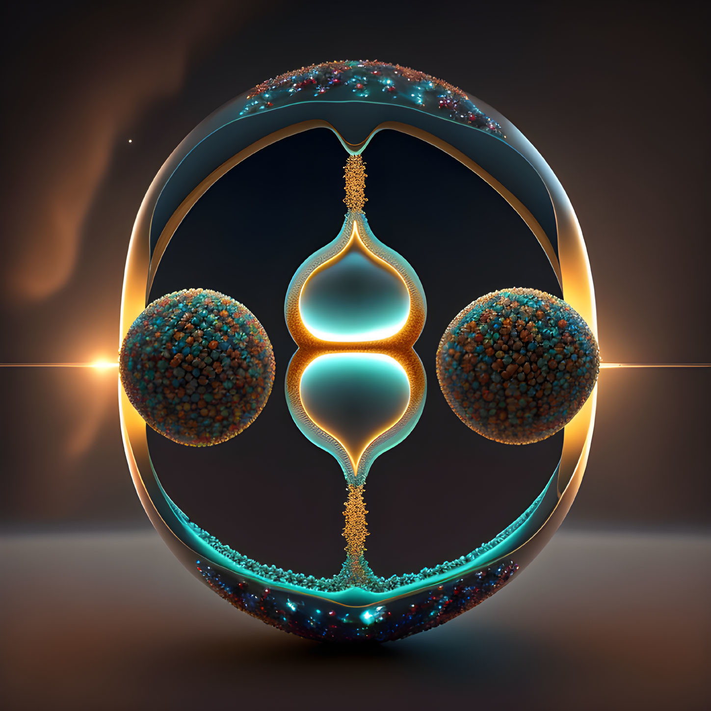 Symmetrical glowing hourglass in circular frame with textured spheres on dusk background