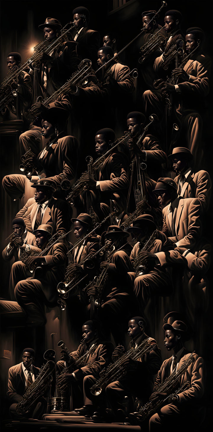 Vintage jazz band musicians with brass instruments on dark background