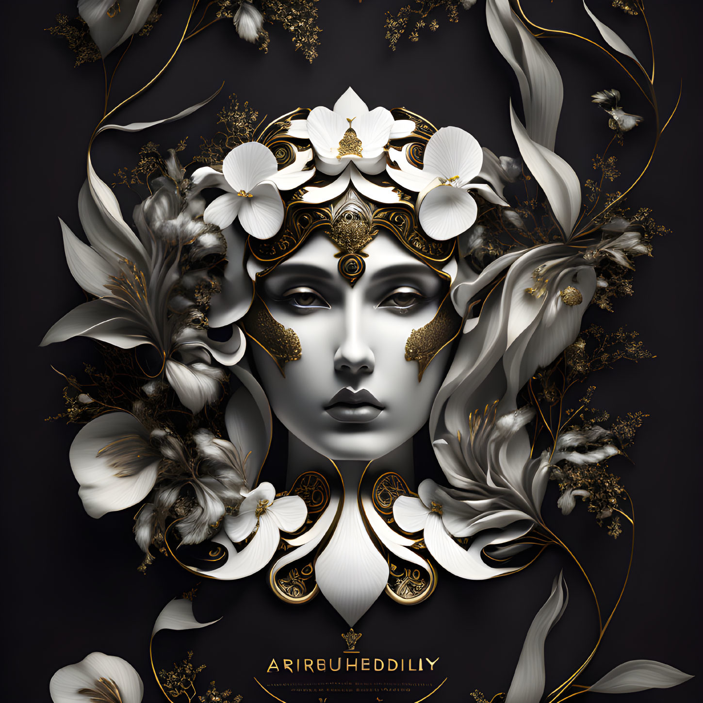 White Flowers and Golden Filigree Ornate Mask on Dark Background