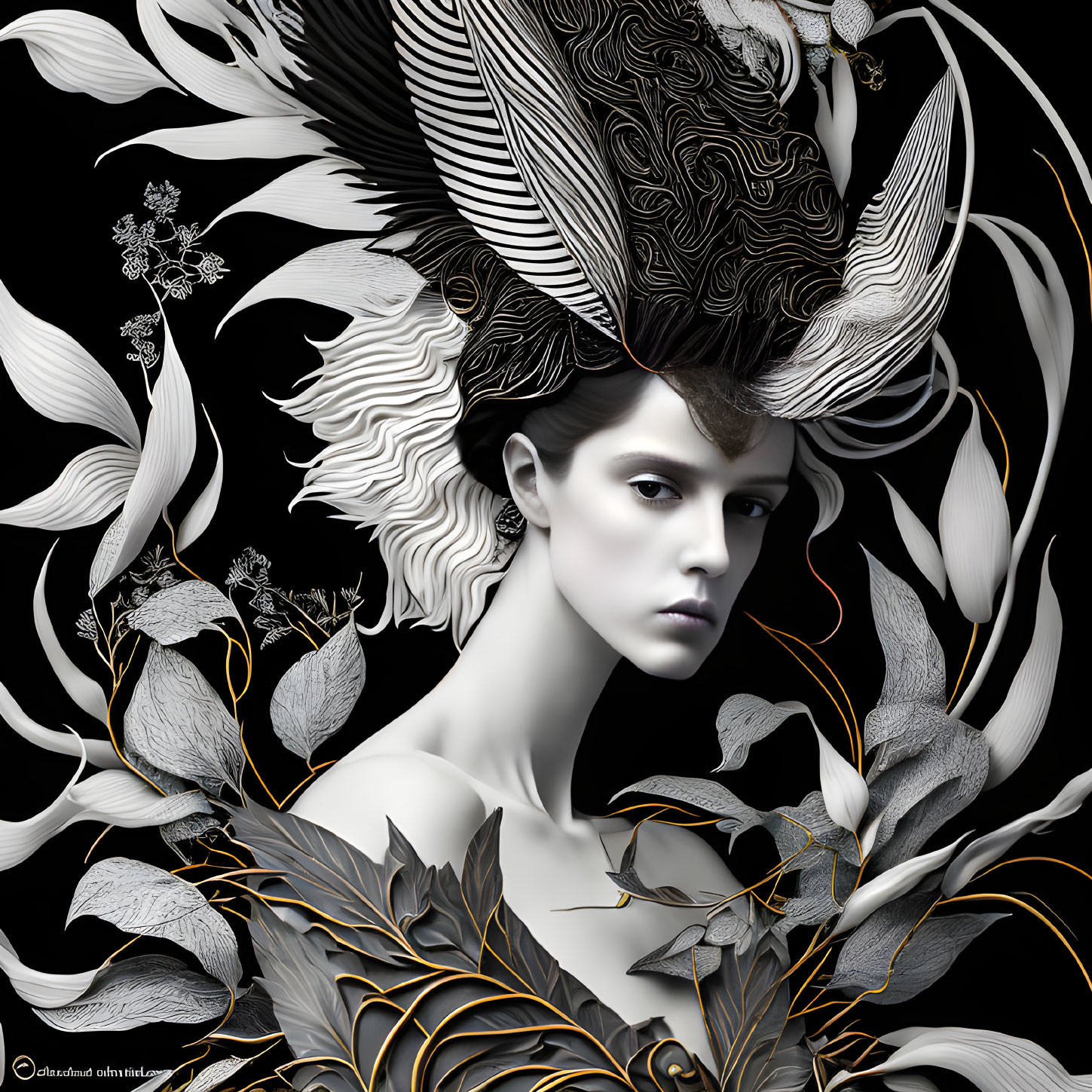 Monochromatic digital art of woman with intricate botanical and feather headdress