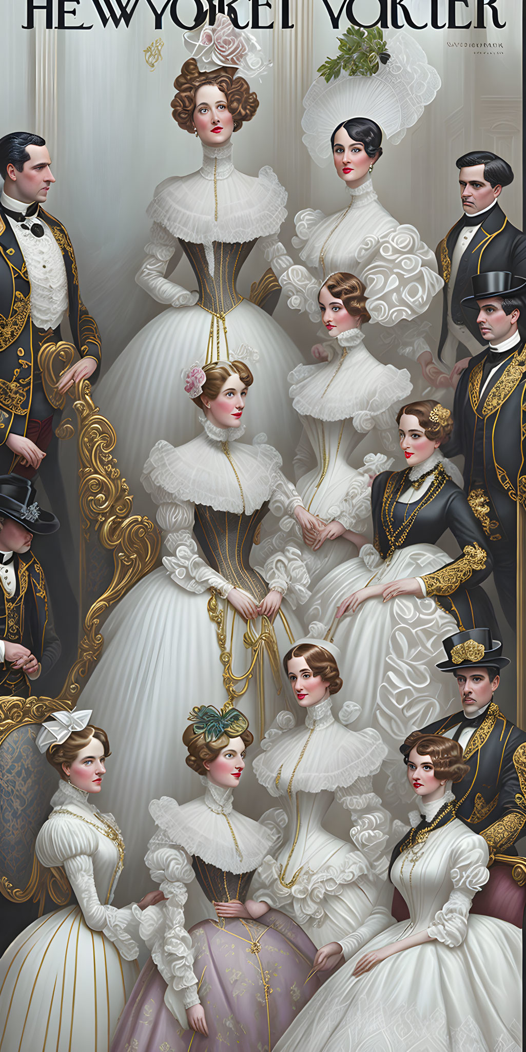 Historical clothing illustration with ruffled collars and corsets