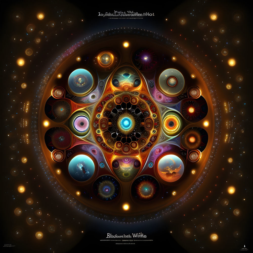 Circular cosmic mandala with galactic, celestial, and surreal elements in vibrant colors