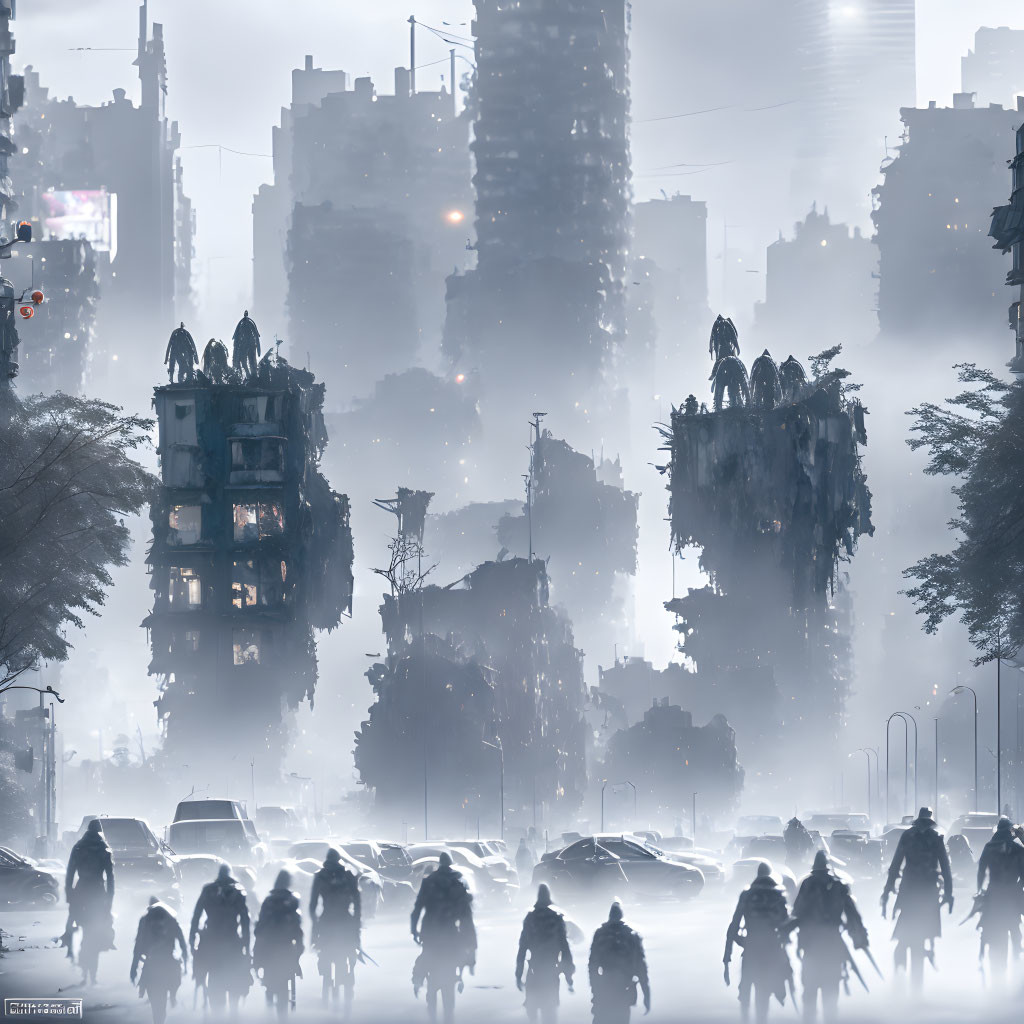 Dystopian cityscape with silhouetted figures and vehicles in foggy street