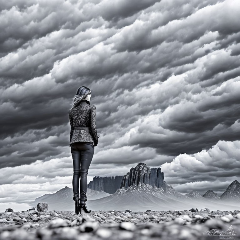 Woman standing on rocky ground gazing at distant mountains under dramatic cloudy sky