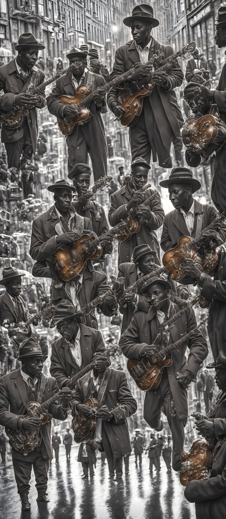 Monochrome street musician saxophone player in hat and suit multiple exposures.