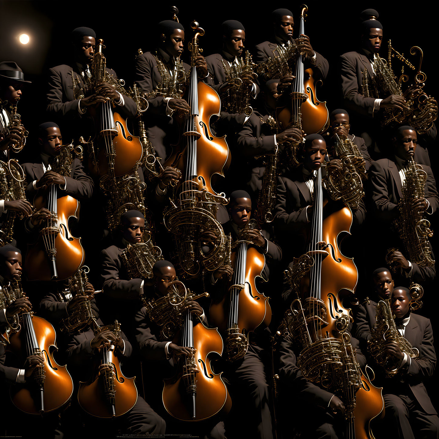 Man playing saxophone in kaleidoscopic images on black background