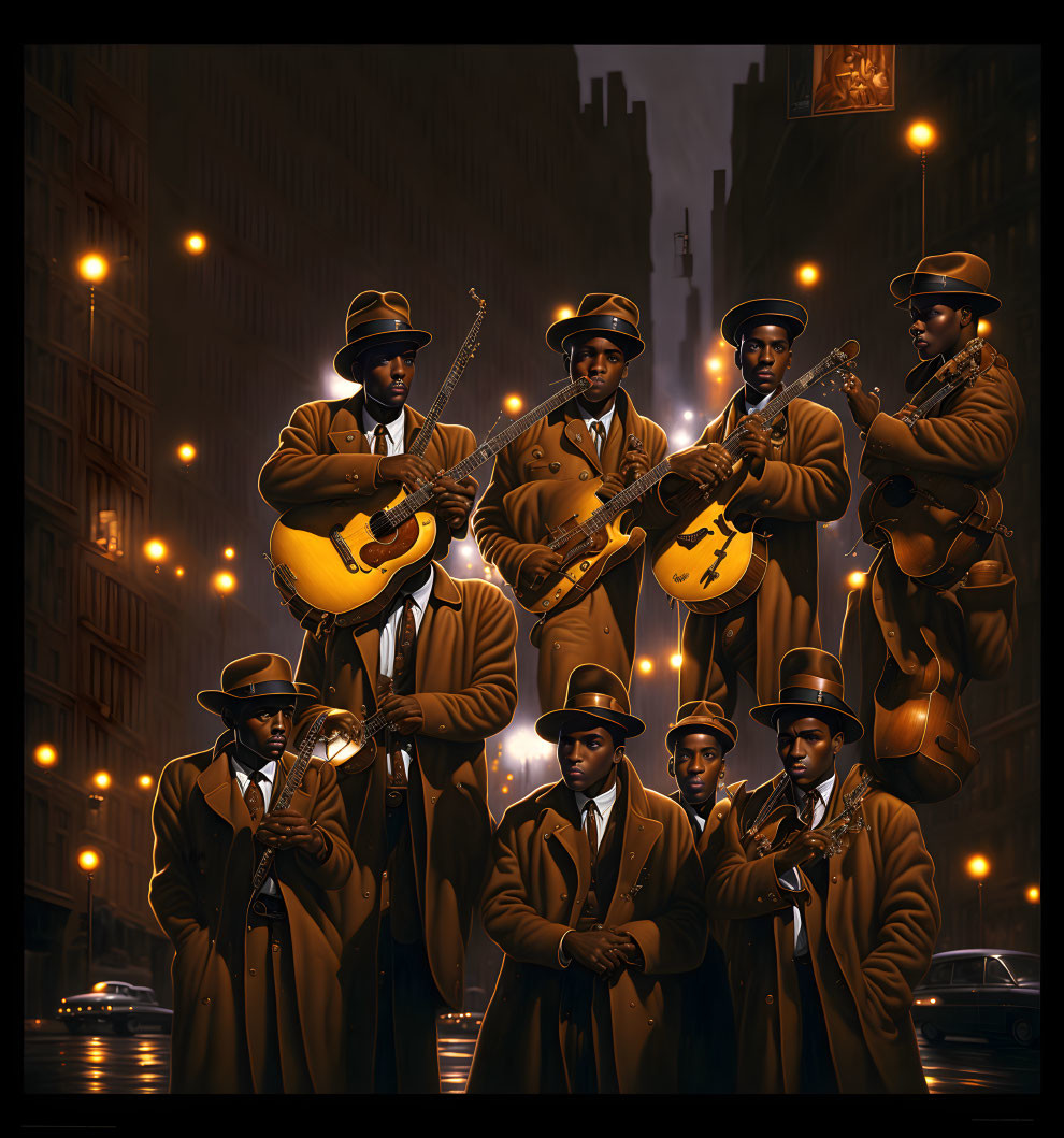 Illustrated musicians in vintage attire playing jazz on a moody, lamp-lit street